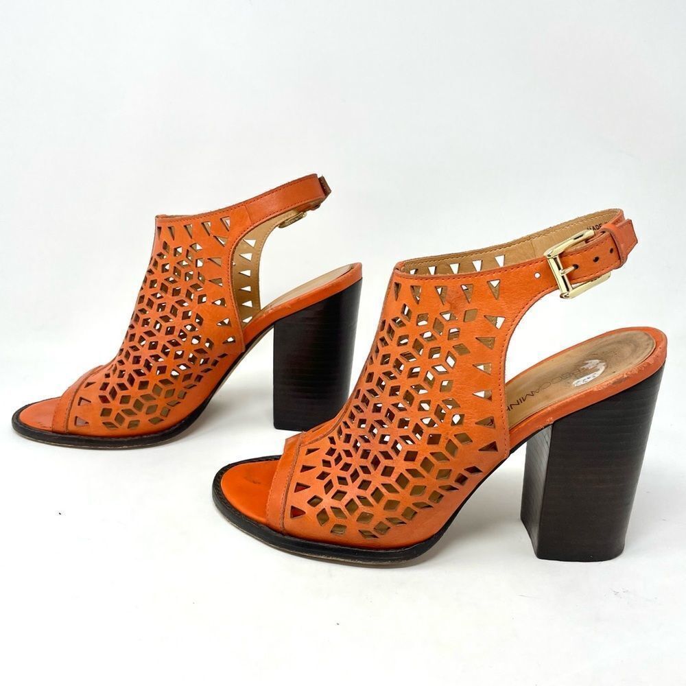 Rebecca Minkoff Laser Cut Peep Toe Orange Leather Block Heel Sandals Size 7.5 - Picture 4 of 9